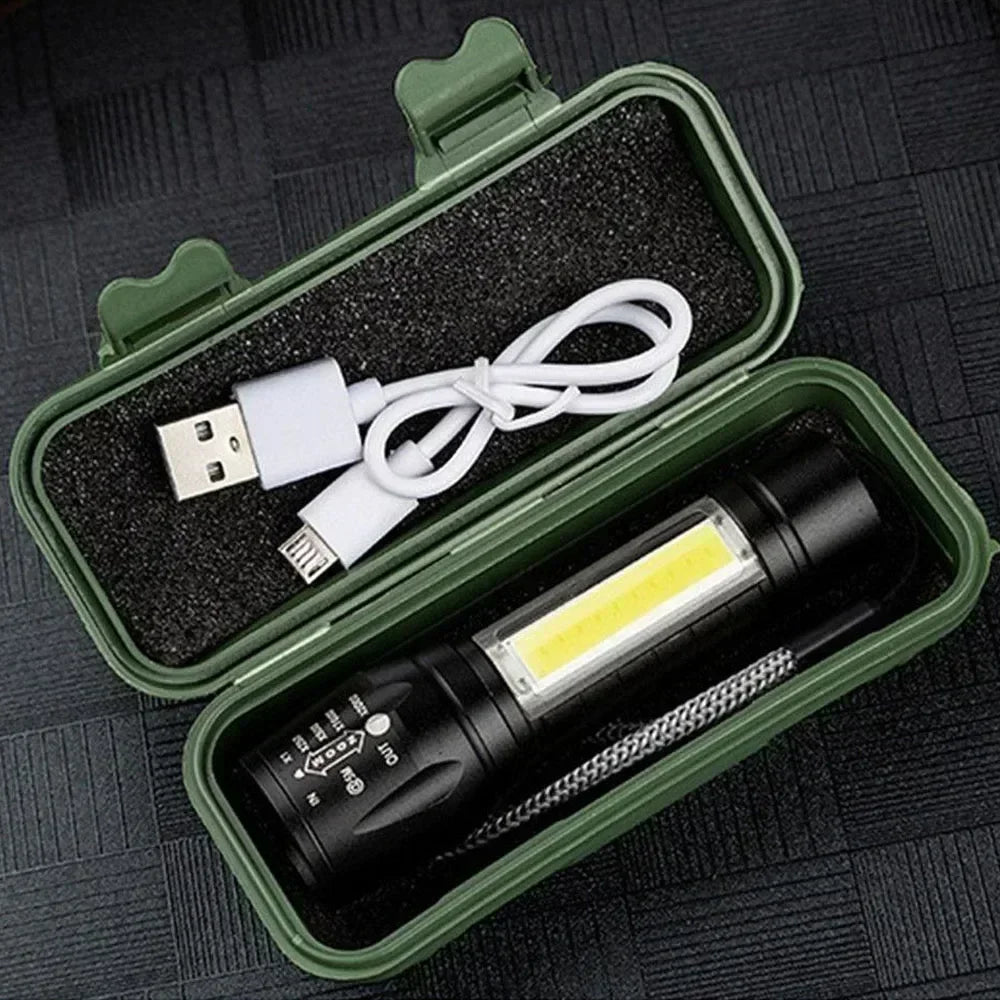 Portable COB+LED Camping Light Flashlight USB Rechargeable Zoom Tactical Torch Lamp Waterproof Emergency Torch Christmas Gift