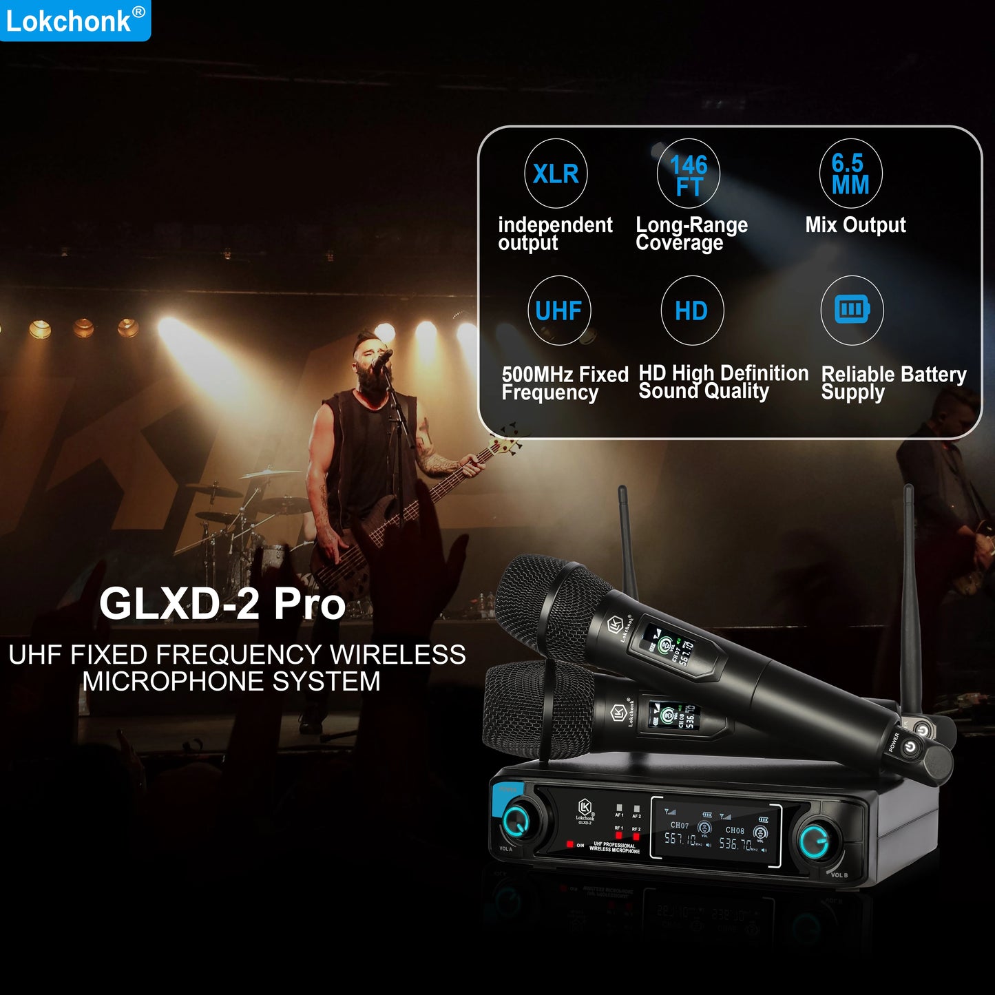 Lokchonk GLXD-2 Pro Professional Dual Channel Wireless Microphone System with 2 Handheld Mics for Stage Karaoke Speech Teaching