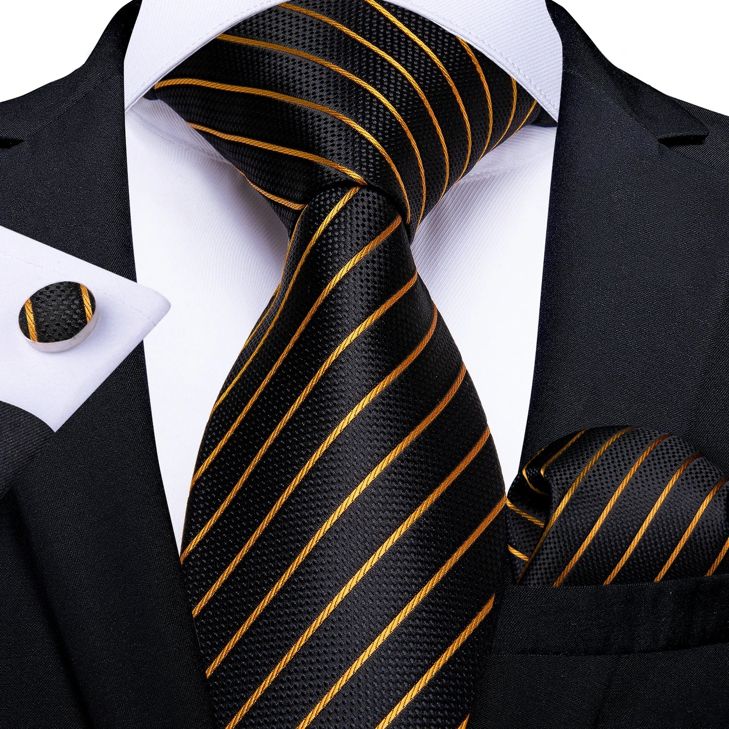 Luxury Black Gold Paisley Striped Floral Silk Men's Tie Set Handkerchief Cufflinks Wedding Party Accessories Groom Gift for Men