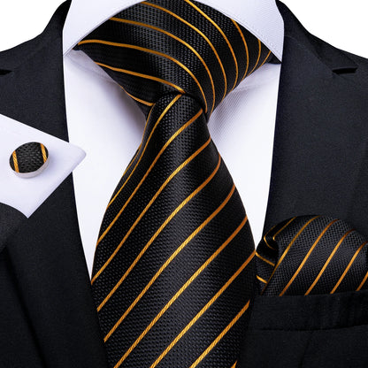 Luxury Black Gold Paisley Striped Floral Silk Men's Tie Set Handkerchief Cufflinks Wedding Party Accessories Groom Gift for Men