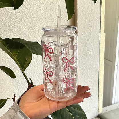 500Ml Pink Bow Print Water Bottle Drinking Can Iced Hot Coffee Juice Plastic Cup Pink Bowknot Tumbler Cup Straw Cup