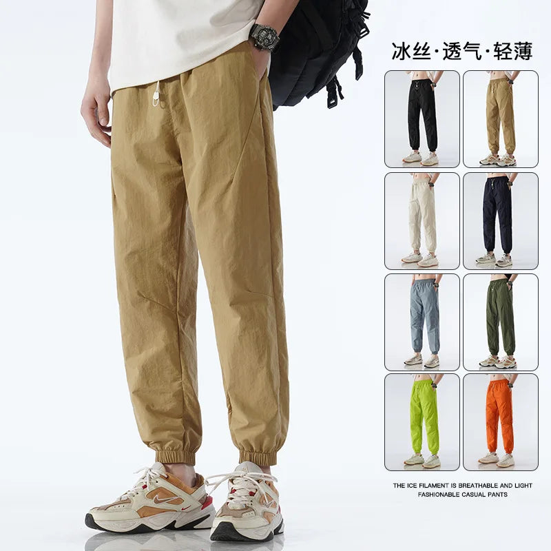 Men's Ice Silk Joggers Pants Fashion Jogger Pants Loose Straight Wide Leg Trousers Vintage Cargo Pants Man Solid Streetwear Men