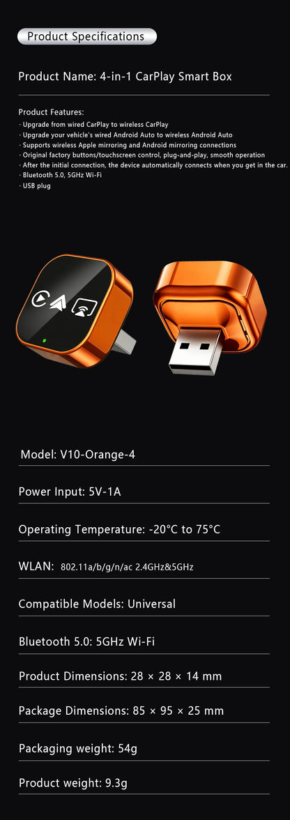 2026 4in1 New Upgrade Carplay Adapter Wireless Android Auto Mirror Link Smart MiNi AI Box USB Plug and Play Auto Connect WiFi