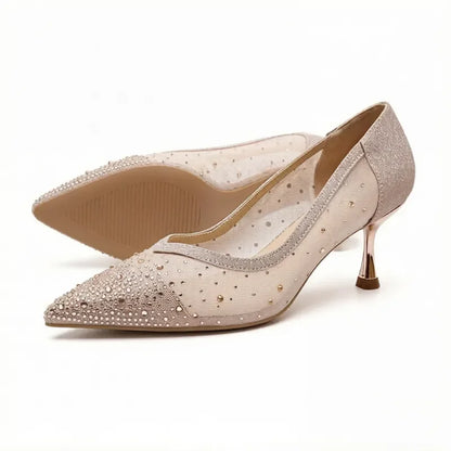 Women's Breathable Mesh Pointed-Toe High Heels, Rhinestone Elegant Slip-On Stiletto Pumps, Suitable for Parties, Weddings