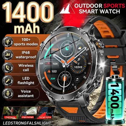 Smartwatch LIGE 2026 wojskowy, bateria 1400mAh, dla mężczyzn, latarka zewnętrzna, wodoodporność IP68, pulsometr, połączenia Bluetooth, bransoletka sportowa