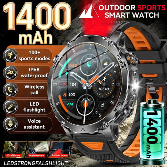 LIGE 2026 Military 1400mAh Battery Smart Watch Men Outdoor Flashlight IP68 Waterproof Heart Rate Bluetooth Call Sports Bracelet