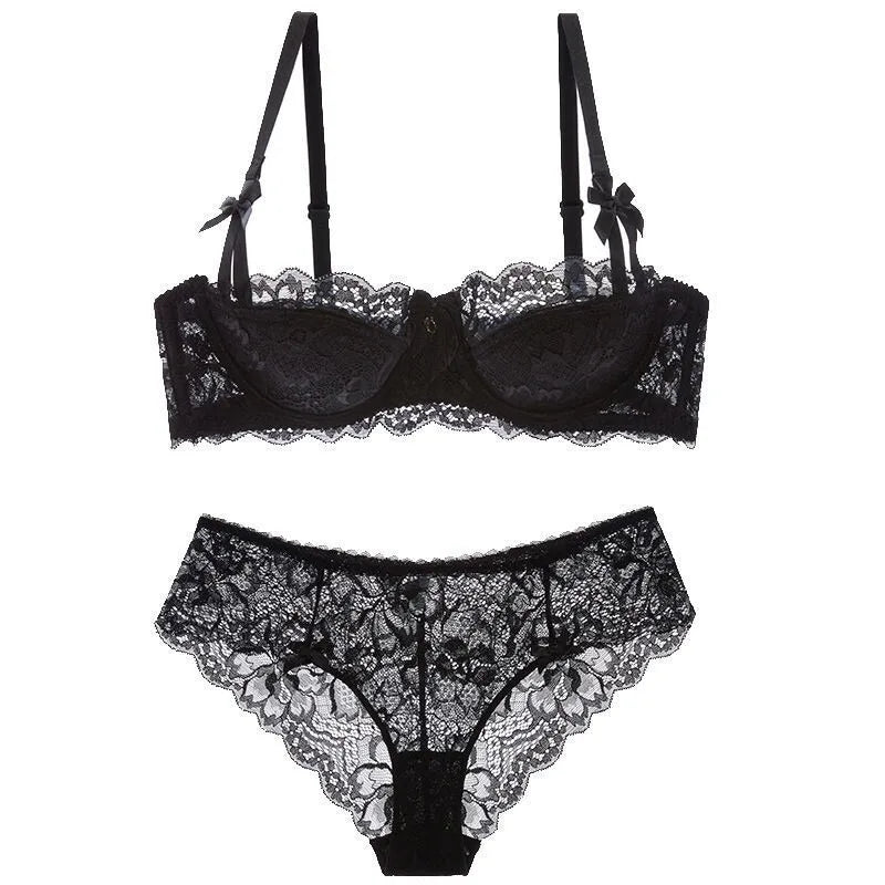 French Pure Passion Bow Shaped Shoulder Strap Lace Sexy Half Cup Push Up Bra Set Women's Thin Lingerie Big Breast Small Cup S-XL