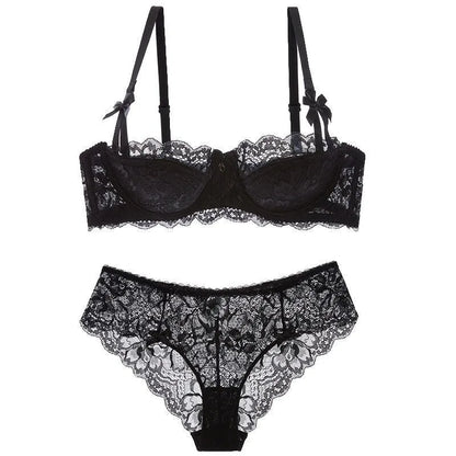 French Pure Passion Bow Shaped Shoulder Strap Lace Sexy Half Cup Push Up Bra Set Women's Thin Lingerie Big Breast Small Cup S-XL