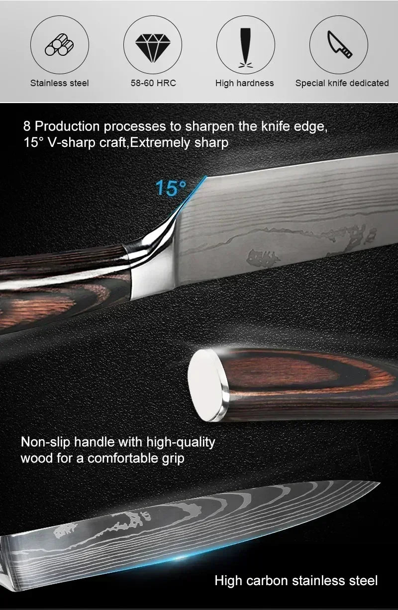 Damascus Chef's Knife Kitchen Knives Set Professional Boning Knife Meat Cleaver Utility Knife Japanese Santoku Knife with Cover