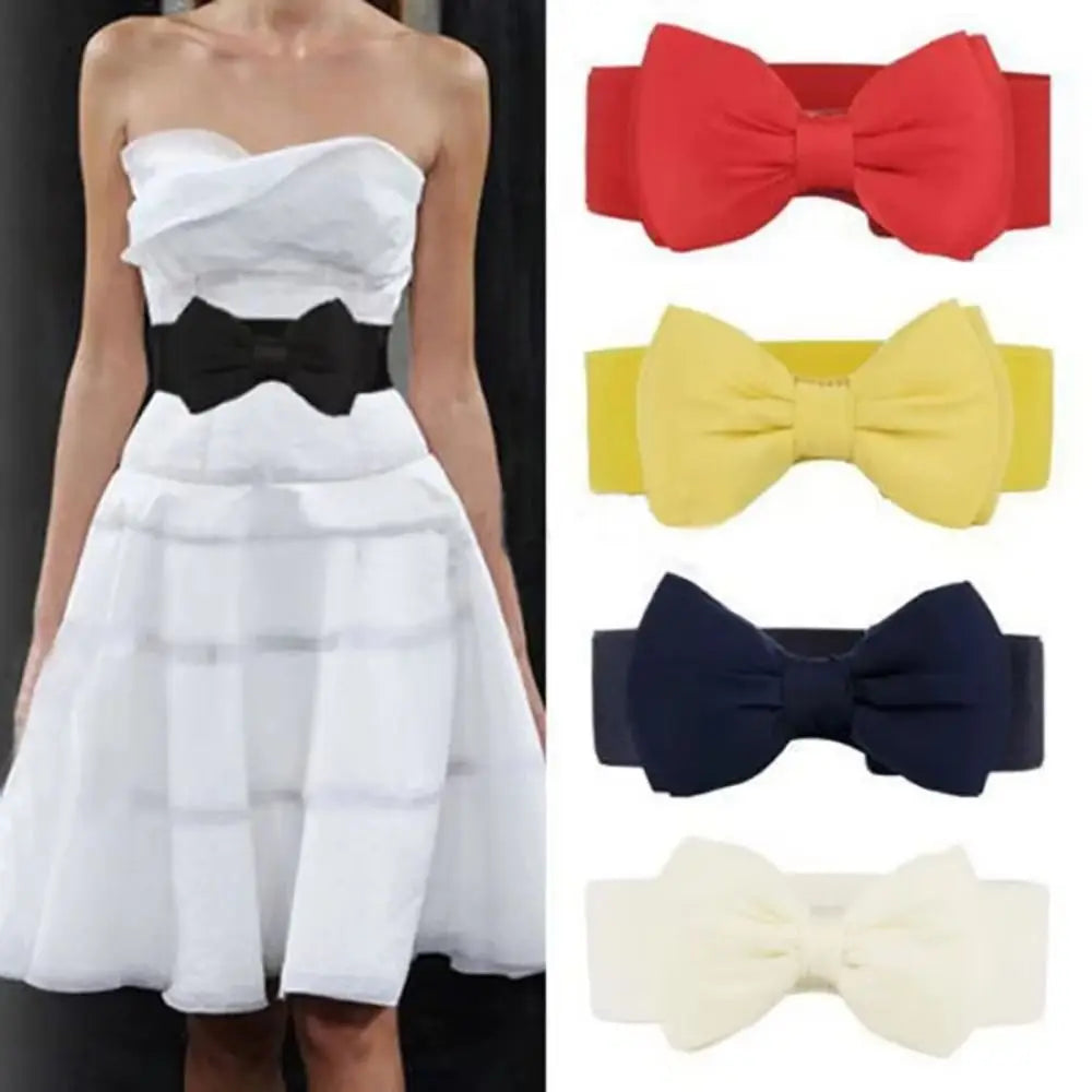 1Pcs New Big Bowknot Waist Belt Elastic Stretch Buckle Bow Waistband Wide Satin Bow Belt for Girls Lady Women