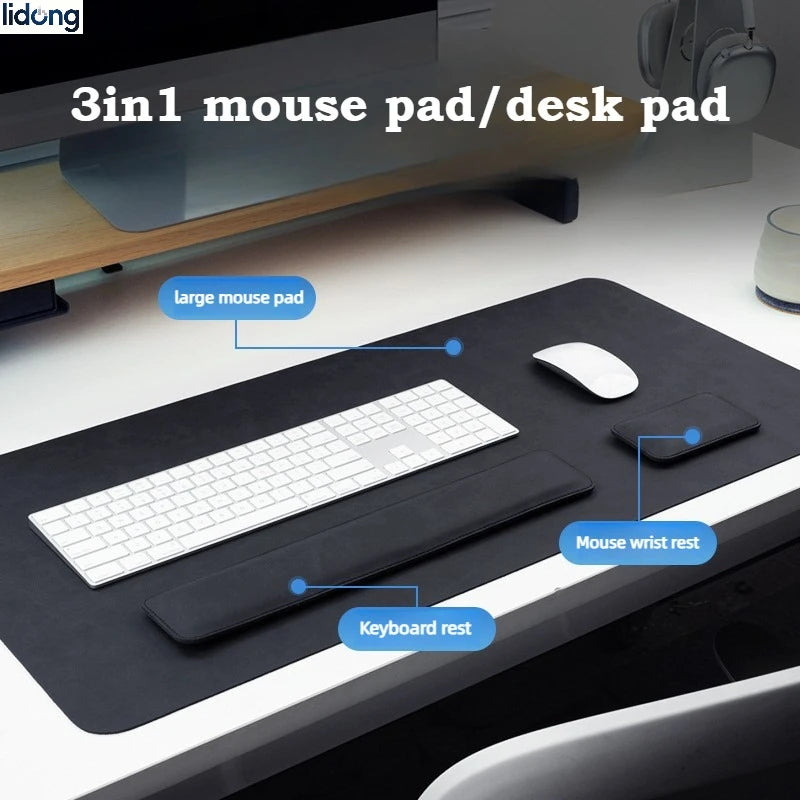 3in1 Wrist Rest Desk Mat Waterproof PU Crazy Horse Texture Large Mouse Pad Non-slip Suede Desk Pad Desktop Gaming Accessories