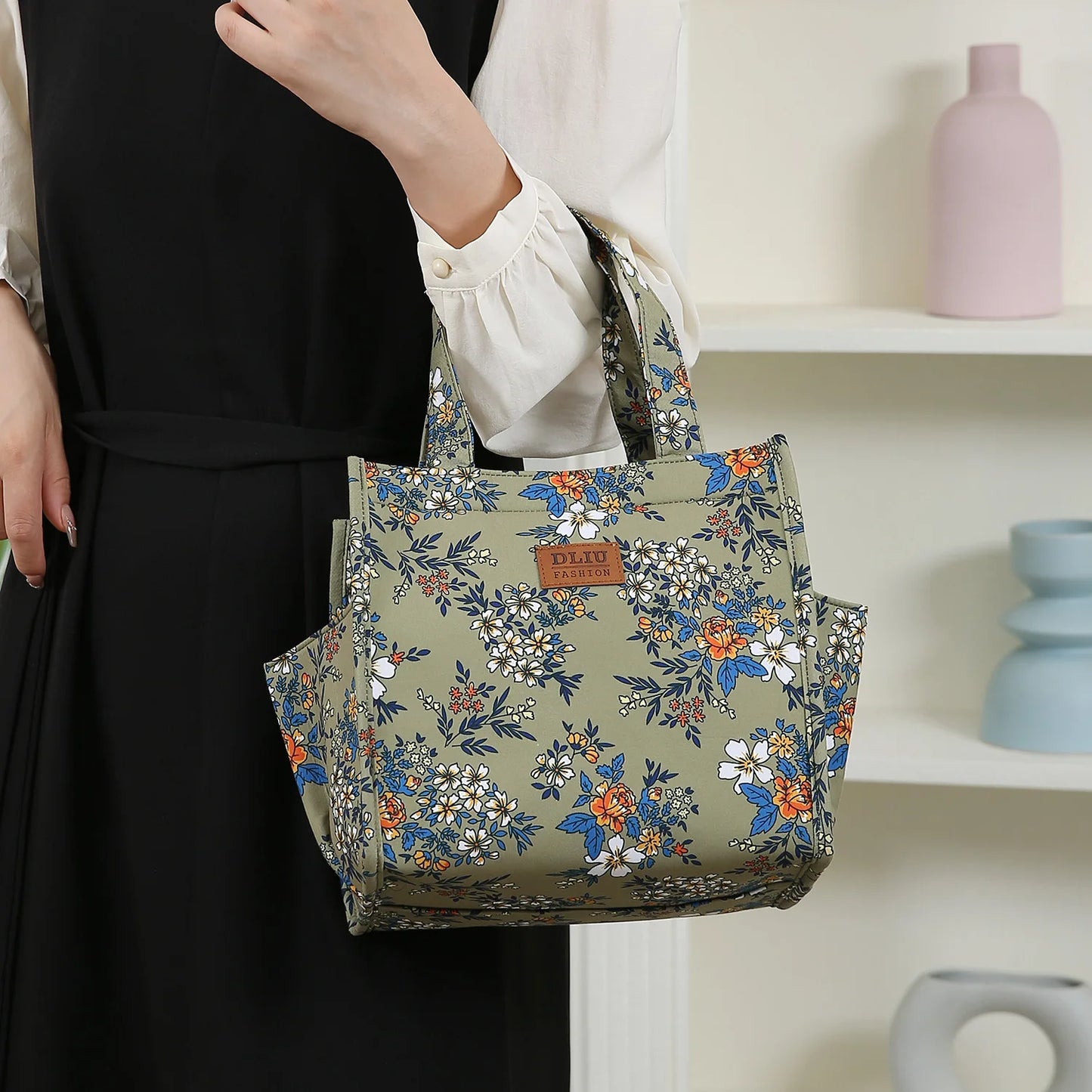New floral print thickened fabric handbag, lunch bag, portable lunch box storage bag, zipper design, multifunctional tote