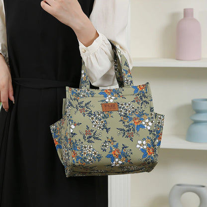 New floral print thickened fabric handbag, lunch bag, portable lunch box storage bag, zipper design, multifunctional tote