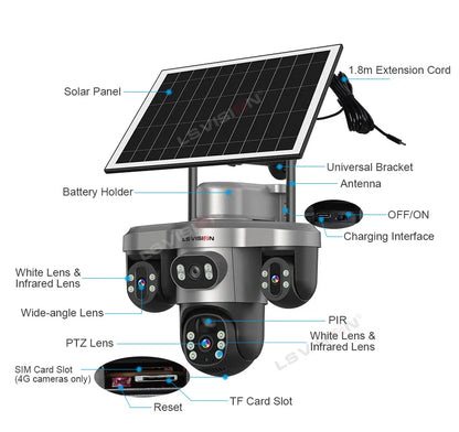 LS VISION 4G / WiFi Solar Camera 3Lenses Outdoor 15MP 4K Low Power Battery IP Camera PIR Night Vision V380 Pro CCTV Security