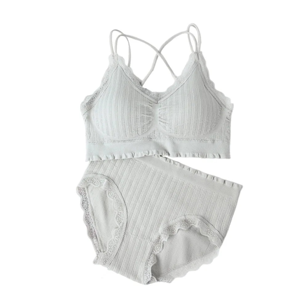 1Set Casual Lace Women Seamless Bra Set V-Neck Breathable Underwear Set Comfortable with Bra Pads Lingerie Set