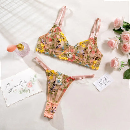 2-Piece Floral Lingerie Set Sheer Embroidery Underwear Intimates Underwire Push-up Versatile Bra Panty Set For Lady Girl