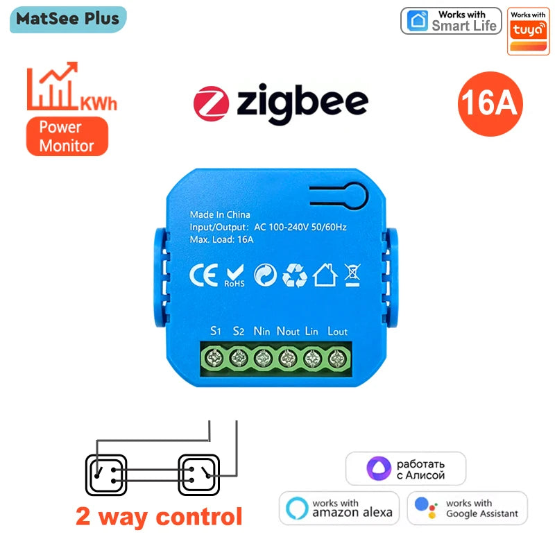 Smart Life ZigBee Switch Module Supports 2 Way Light Control Timing 16A KWh Energy Monitor Works with Tuya Google Home Alexa