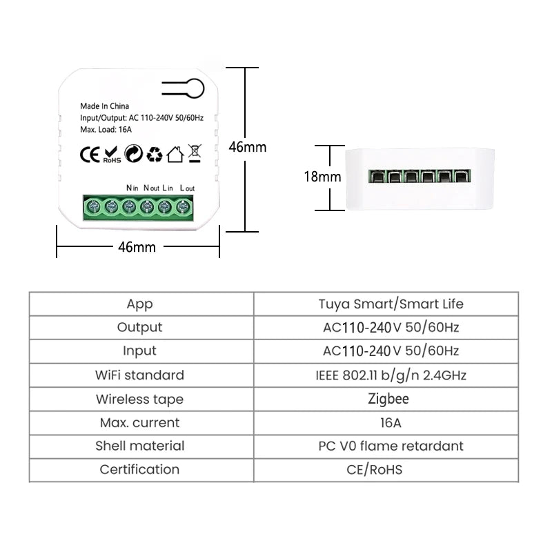 ZigBee Socket Switch Tiny Module Smart App Energy Monitor Timer 16A Overload Protect Supports Google Home Alexa
