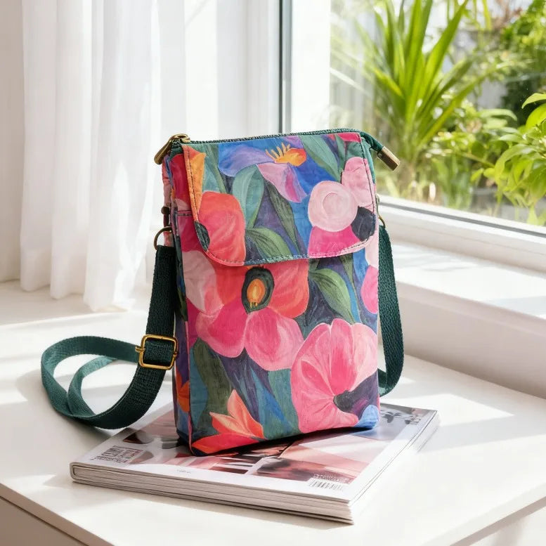 Versatile Print New Oil Painting Series 5-Layer Crossbody Phone Bag Rustic Fabric Women's Handbag Lightweight and Easy-to-Match
