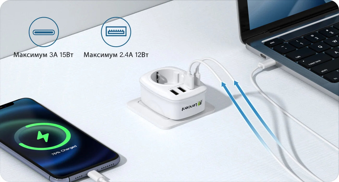 LENCENT EU Plug Power Strip with  3 AC Outlets +3 USB Charging Ports+ 1 Type C 5V 2.4A  Adapter 7-in-1 Plug Socket On/Off Switch