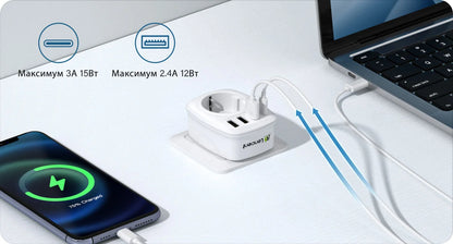 LENCENT EU Plug Power Strip with  3 AC Outlets +3 USB Charging Ports+ 1 Type C 5V 2.4A  Adapter 7-in-1 Plug Socket On/Off Switch