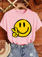 Women's Geometric Joyful Face Smile Print T-Shirt Casual Short Sleeve Crew Neck Top Comfort Summer Woman Clothing