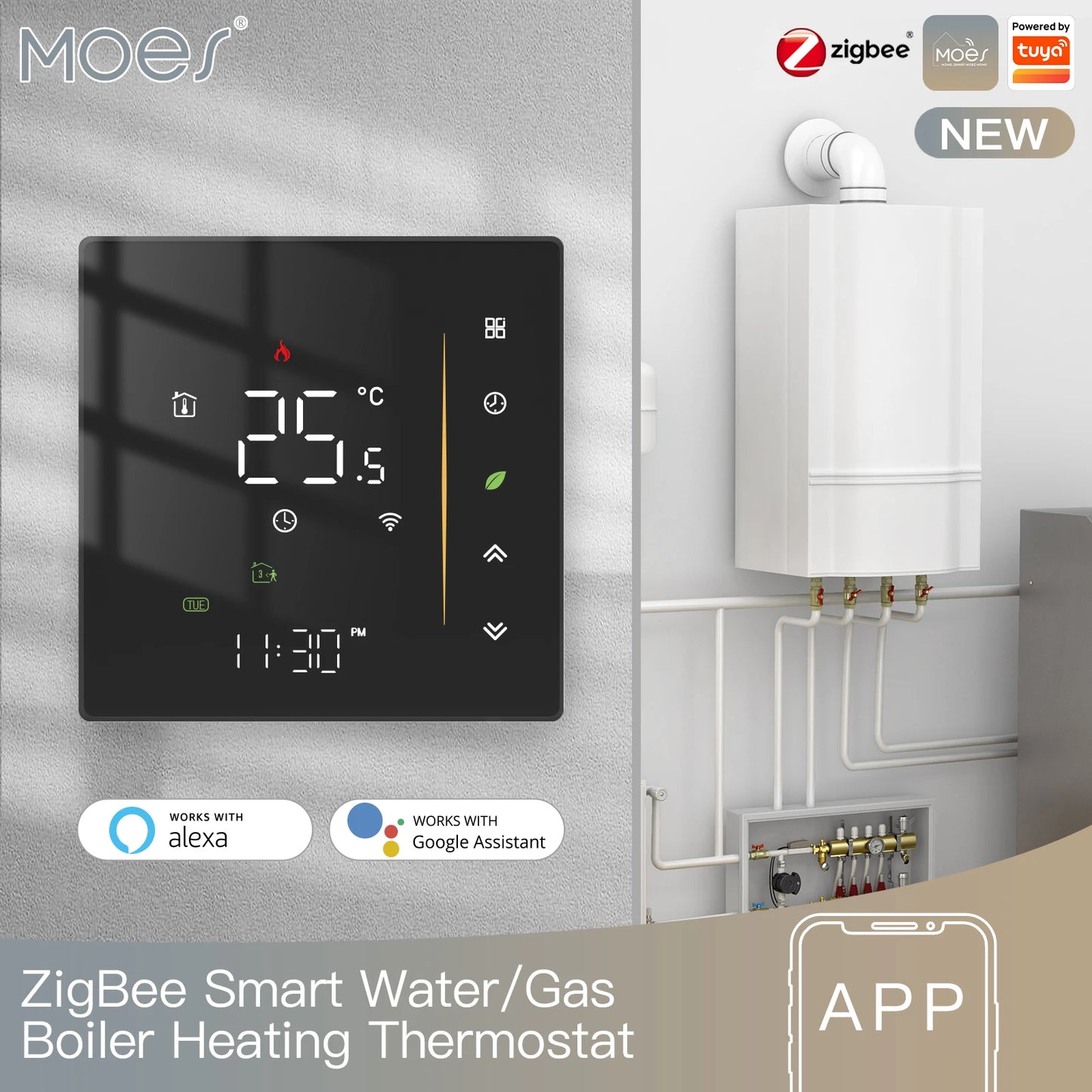 Moes Tuya Zigbee Thermostat Room Temperature Controller of Water/Electric Floor Heating Gas Boiler Humidity Support Alex 5A/16A