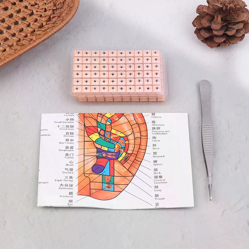 4 In 1 Set Multi-Condition Ear Seeds Acupuncture Auricular Sticker Kit 600pcs With Acupressure Chart Tweezer Auricular Probe