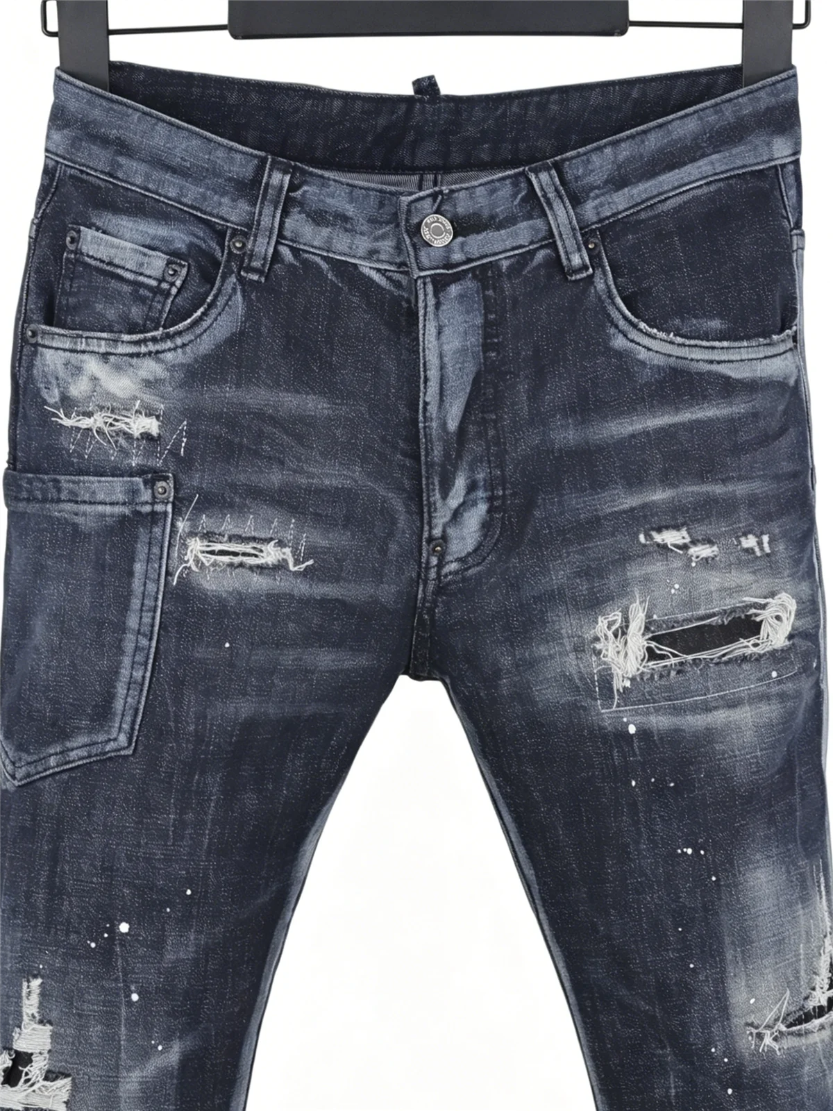 6060 Four Seasons New Men's Washed Ripped Patch Old Slim-fit Straight Black Jeans for Men