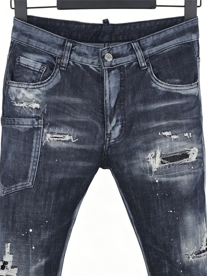 6060 Four Seasons New Men's Washed Ripped Patch Old Slim-fit Straight Black Jeans for Men