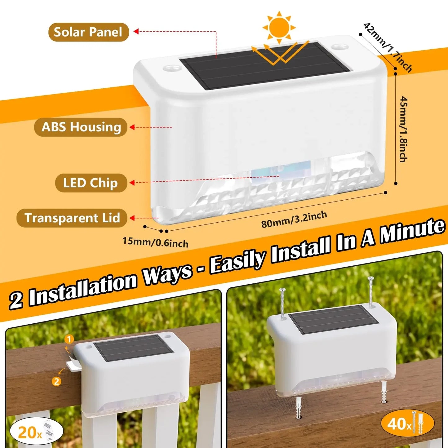 1~20PCs Solar Deck Lights Outdoor Waterproof LED Fence Lights Garden Step Lamp for Patio Stairs Railing Pathway Fences