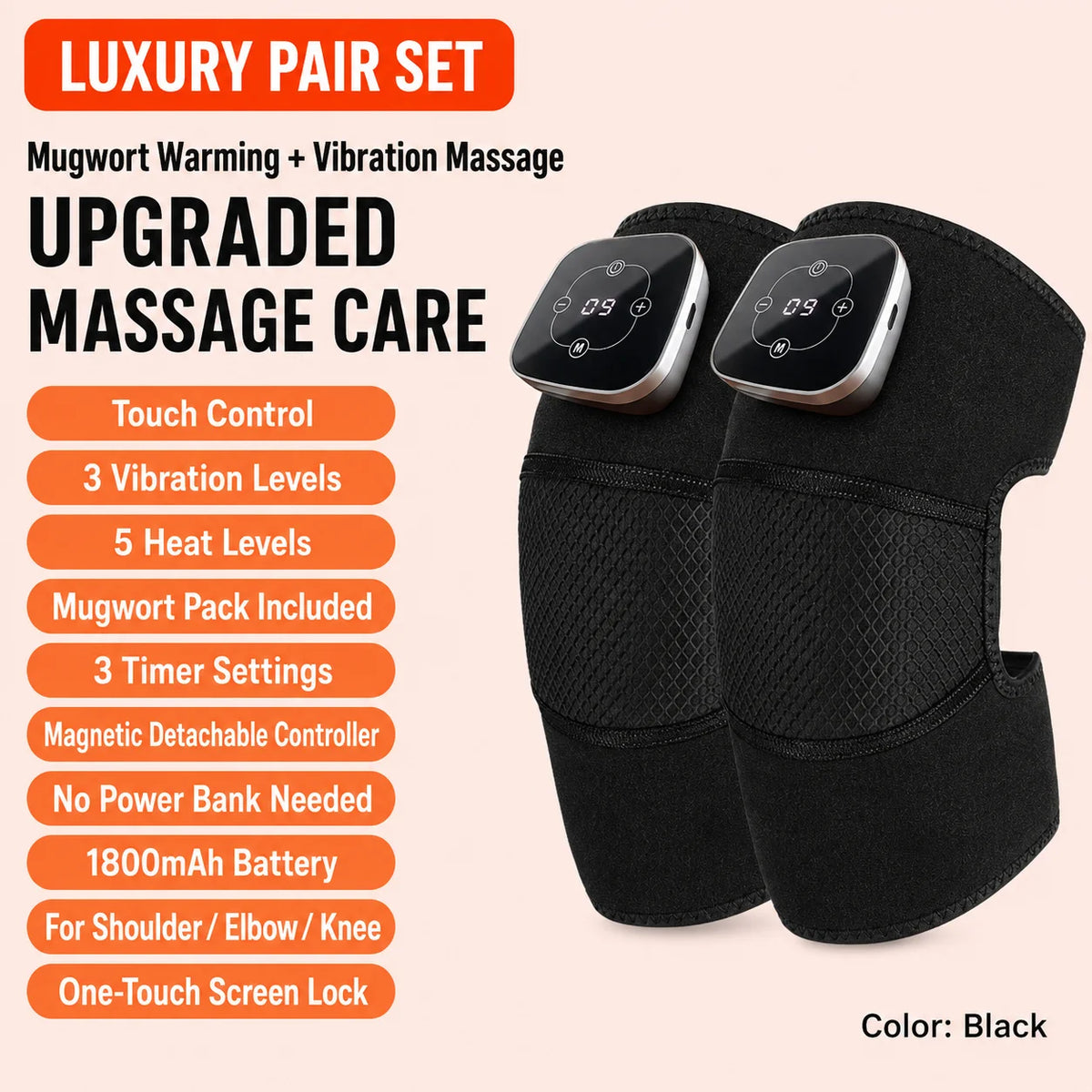 Cordless Heated Knee Massager, 5 Heat Levels 3 Vibration Levels, Magnetic Controller, Mugwort Wrap for Knee Shoulder Elbow Brace
