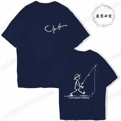 Men's Fishing Graphic T-shirt Black with Fisherman Front Back Print T-Shirts Summer Tee Fishing Trip Personality Male Tee Tops