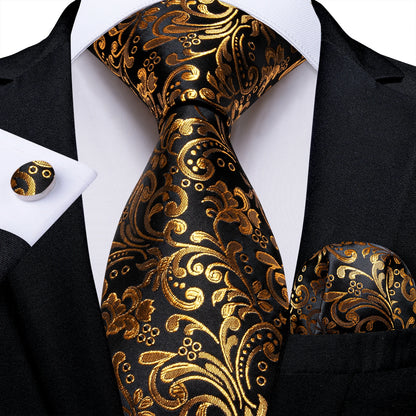 Luxury Black Gold Paisley Striped Floral Silk Men's Tie Set Handkerchief Cufflinks Wedding Party Accessories Groom Gift for Men