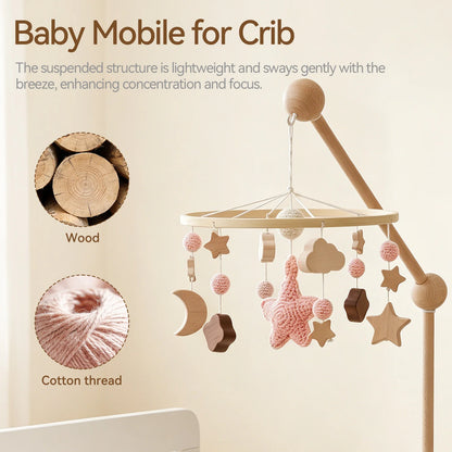 Pink Starry Sky Crib Mobile 360 Degree Rotation Baby Rattle Toys Wooden Stars Mobile Hanging Toys Baby Crescent Moon Bed Bell