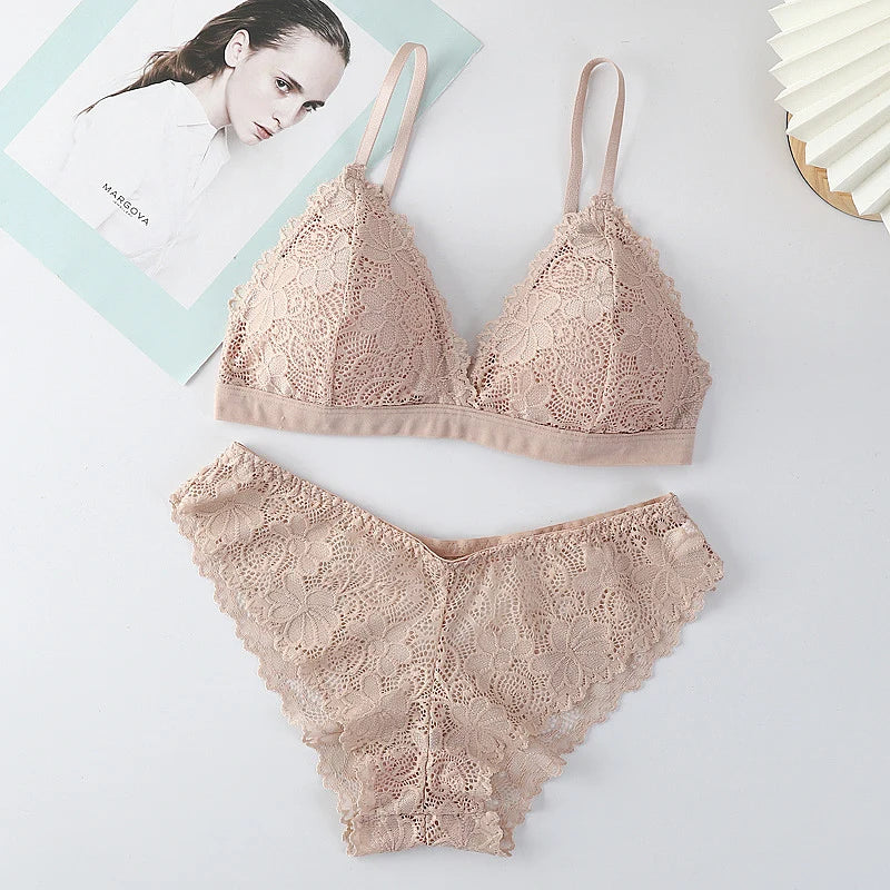Women Lace Bra And Panties Set V-neck Push Up Bralette Sexy Lingerie Low Waist Briefs Female Non-wire Brassiere Underwear Set