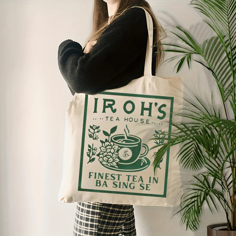 A Iluo Teahouse Pattern printed canvas tote bag, suitable for daily use, shopping, school, and travel