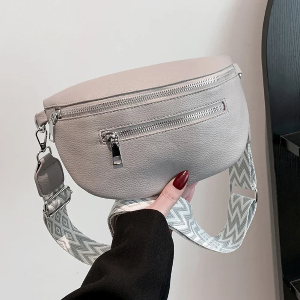 2024 Luxury Designer Women's Chest Bag PU Leather Wide Strap Shoulder Crossbody Bag Female Fashion Fanny Pack Banana Waist Bag
