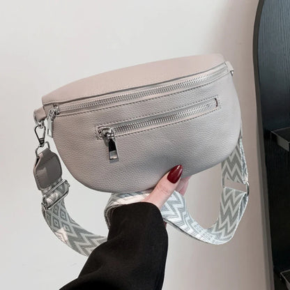2024 Luxury Designer Women's Chest Bag PU Leather Wide Strap Shoulder Crossbody Bag Female Fashion Fanny Pack Banana Waist Bag