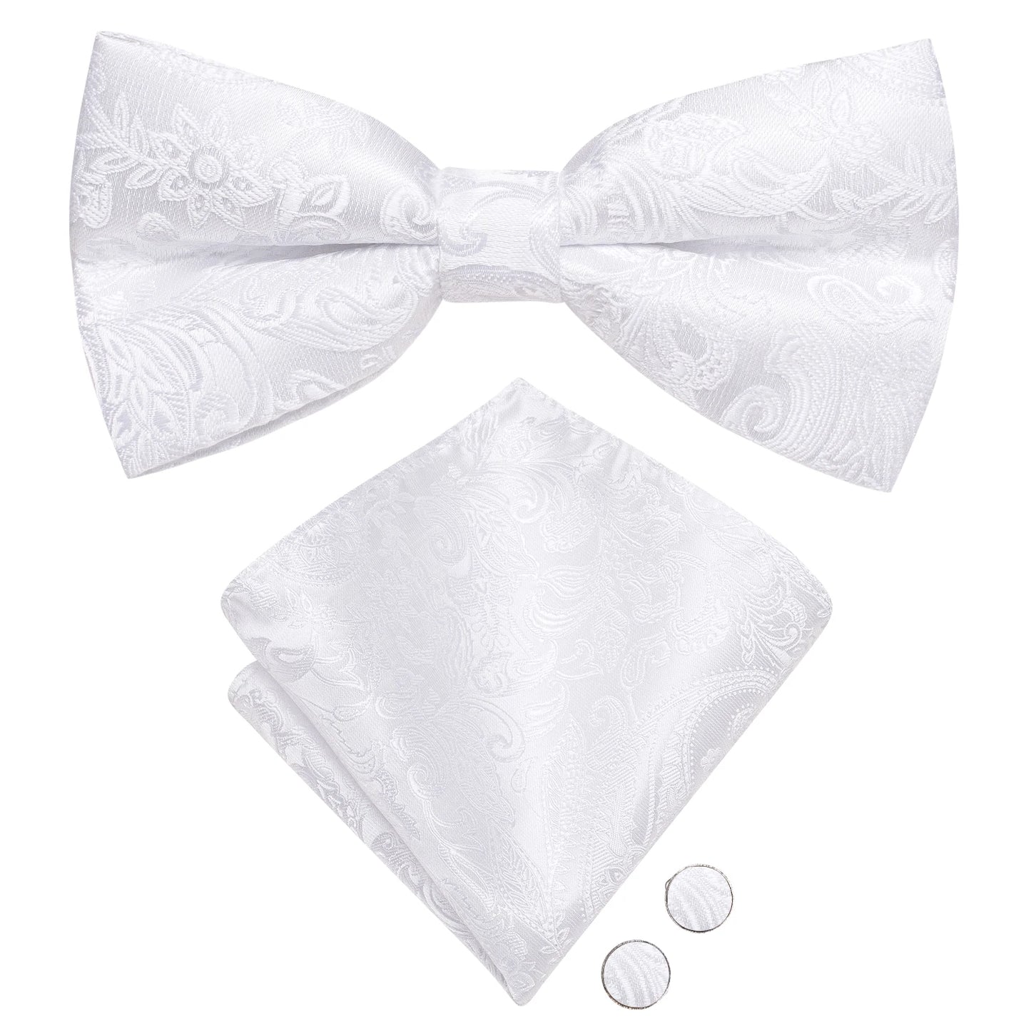 Hi-Tie Mens Bow Tie Hanky Cufflinks Set White Black Gray Silver Pre-tied Butterfly Knot Bowtie for Male Wedding silk Business