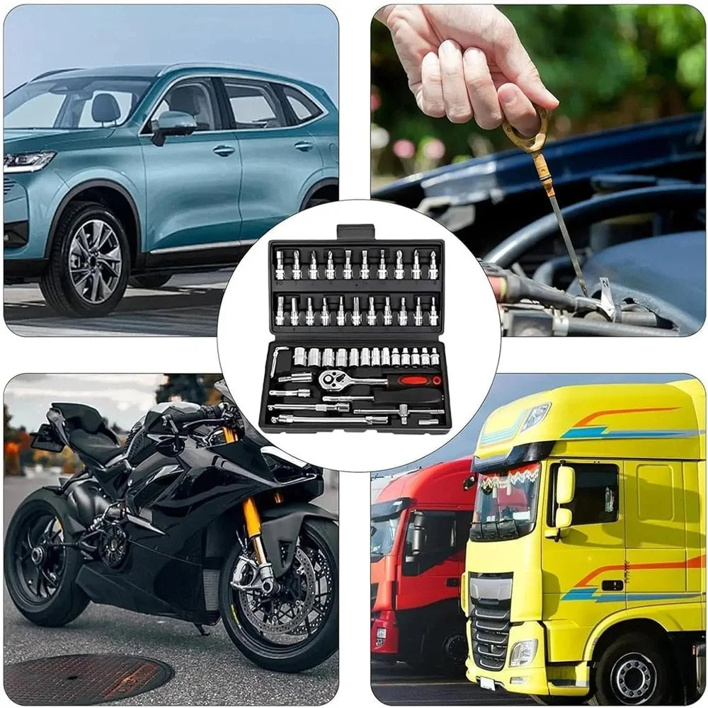 46pcs Socket Set Auto Repair Multi-functional 1/4 Inch Drive Socket Ratchet Wrench Set Round Edge Drive Socket Motorcycle Repair