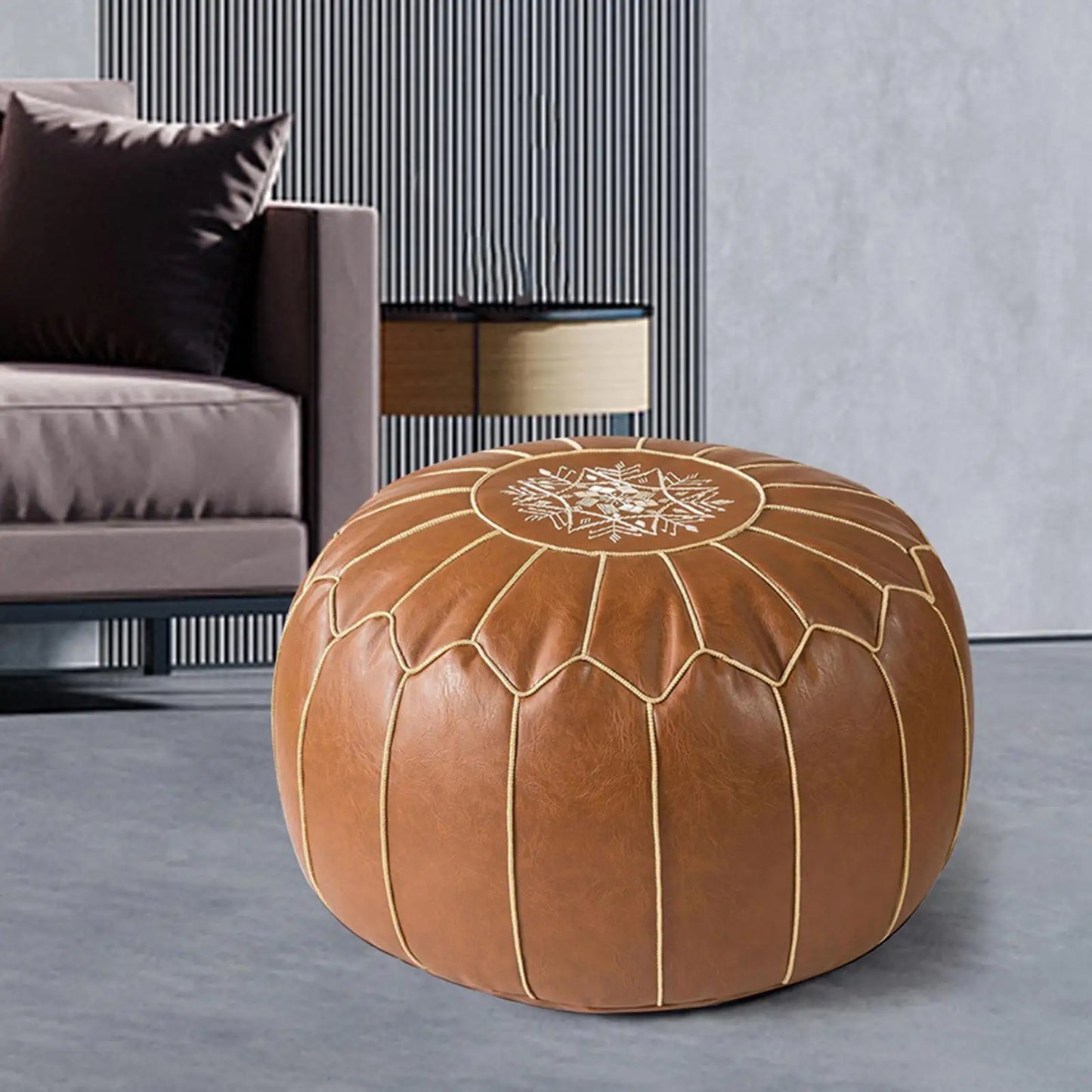 Premium PU Pouf Cover Round Ottoman Seat Cushion for Home Seating and Footrest Use