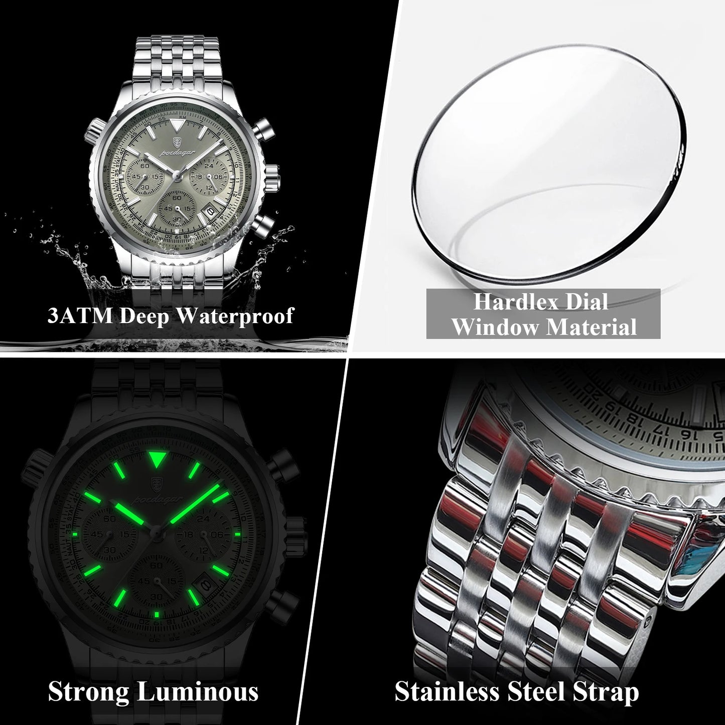 POEDAGAR Luxury Fashion Men Watch Stainless Steel Waterproof Luminous Quartz Male Clock Date Chronograph Military Men's Watches