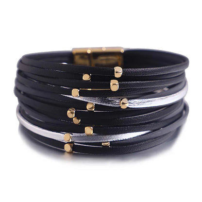 ALLYES Charm Triple Color Leather Bracelet for Women Bohemian Metal Beads Multilayer Thin Strip Wrap Bracelets Fashion Jewelry