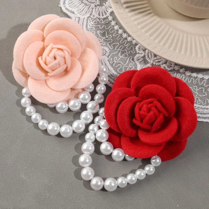 Multicolor Camellia Brooch Women Retro White Black Red Pink Wool Scarf Buckle Girls Pearl Brooches Elegant Jewelry Accessories