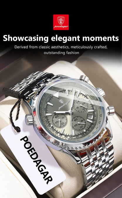 POEDAGAR Luxury Fashion Men Watch Stainless Steel Waterproof Luminous Quartz Male Clock Date Chronograph Military Men's Watches