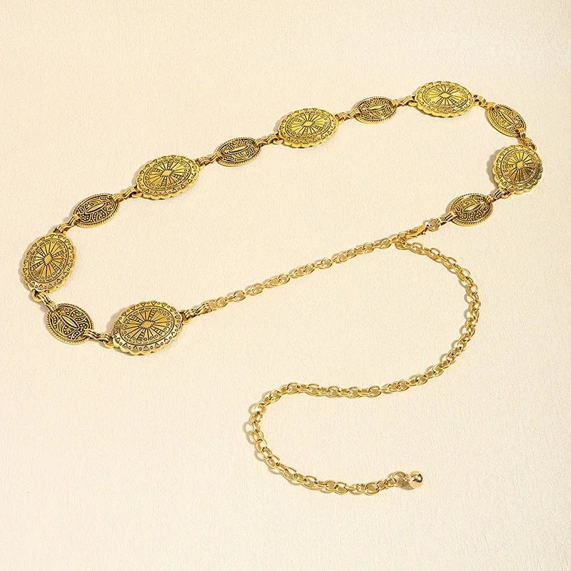 Retro style women's metal waist chain accessories Decorative circle carved chain belt high style accessories