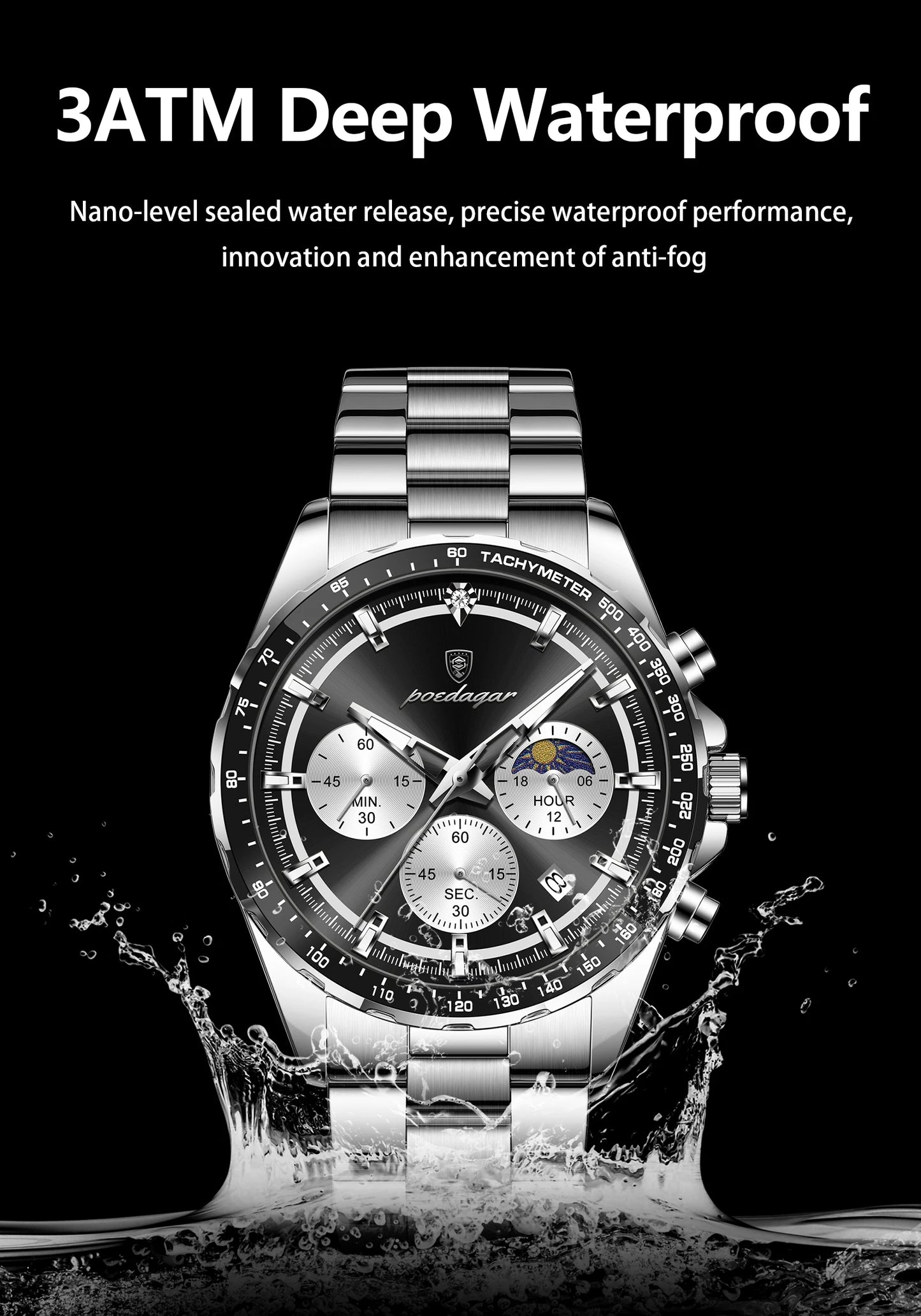 POEDAGAR Top Original Man Wristwatch Waterproof Stainless Steel Luminous Men Clock Chronograph Date Quartz Sports Men's Watches