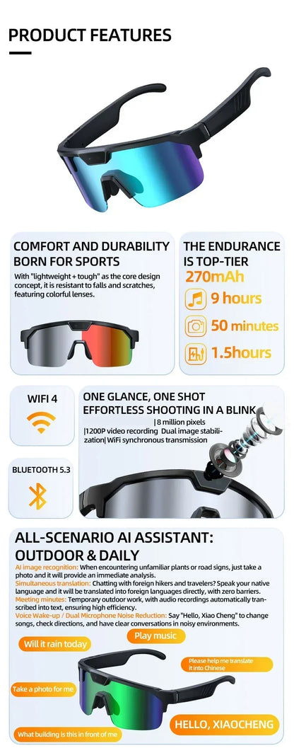 2026 Cycling Glasses with 800W HD Camera UV Protection Voice Assistant AI Translation Bluetooth Wireless Calling Cycling Glasses