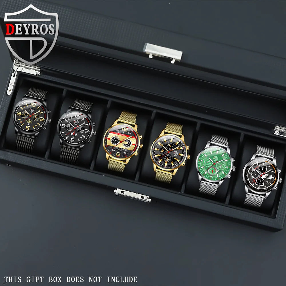 DEYROS Luxury 1/6 Pcs/ Set Men's Watch Set Quartz Outdoor Mesh Alloy Strap Trendy Style Men's Watches Gift Ideas